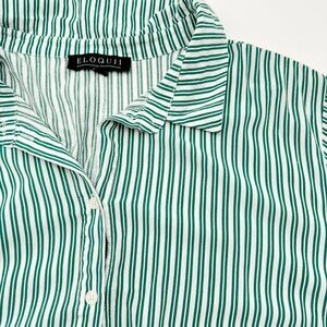 ELOQUII Women's 20 Green White Stripe Button Front Peplum Asymmetrical‎ Hem Top